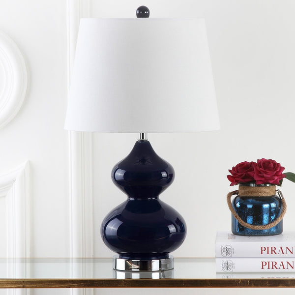 Safavieh EVA Table Lamp: Modern Glass Base with Cream Linen Shade for Stylish Ambient Lighting in Any Room Navy LIT4086B-SET2