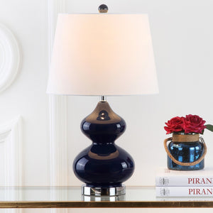 Safavieh EVA Table Lamp: Modern Glass Base with Cream Linen Shade for Stylish Ambient Lighting in Any Room Navy LIT4086B-SET2