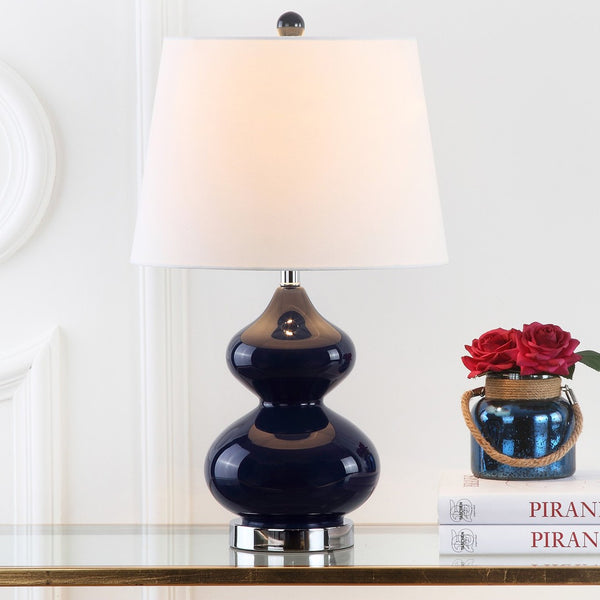 Safavieh EVA Table Lamp: Modern Glass Base with Cream Linen Shade for Stylish Ambient Lighting in Any Room Navy LIT4086B-SET2