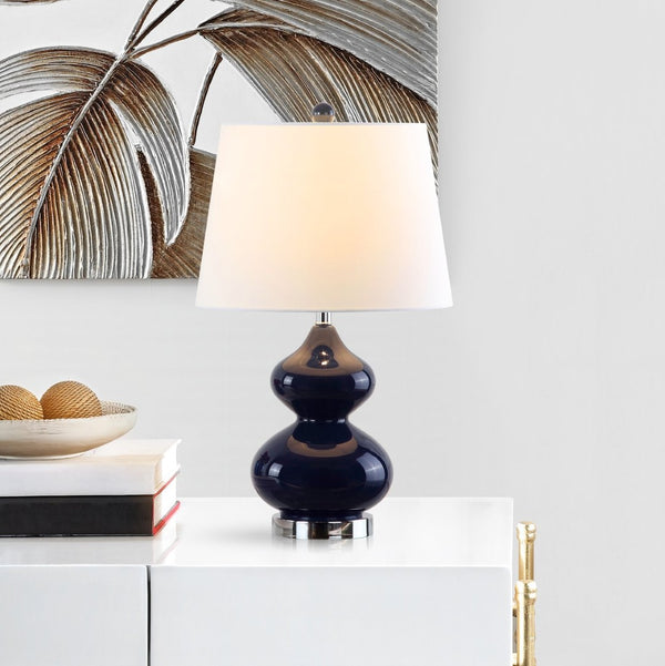 Safavieh EVA Table Lamp: Modern Glass Base with Cream Linen Shade for Stylish Ambient Lighting in Any Room Navy LIT4086B-SET2