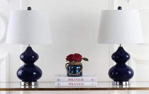 Safavieh EVA Table Lamp: Modern Glass Base with Cream Linen Shade for Stylish Ambient Lighting in Any Room Navy LIT4086B-SET2