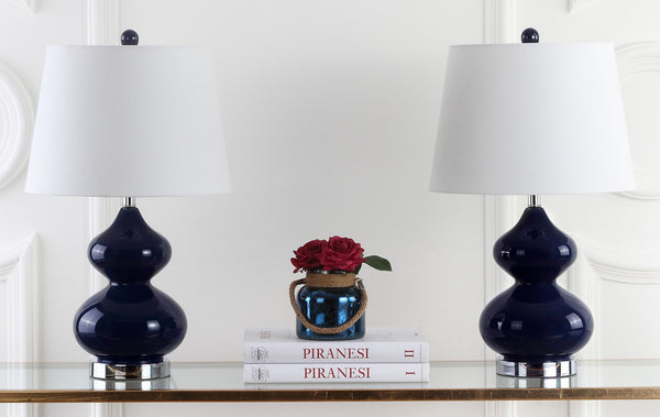 Safavieh EVA Table Lamp: Modern Glass Base with Cream Linen Shade for Stylish Ambient Lighting in Any Room Navy LIT4086B-SET2