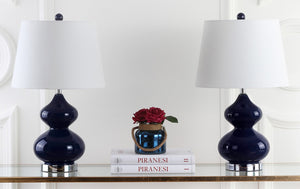 Safavieh EVA Table Lamp: Modern Glass Base with Cream Linen Shade for Stylish Ambient Lighting in Any Room Navy LIT4086B-SET2