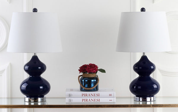 Safavieh EVA Table Lamp: Modern Glass Base with Cream Linen Shade for Stylish Ambient Lighting in Any Room Navy LIT4086B-SET2