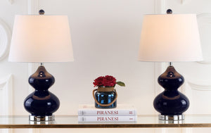 Safavieh EVA Table Lamp: Modern Glass Base with Cream Linen Shade for Stylish Ambient Lighting in Any Room Navy LIT4086B-SET2