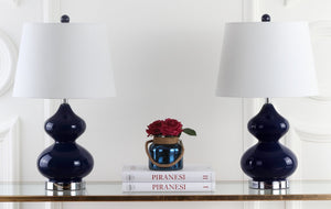 Safavieh EVA Table Lamp: Modern Glass Base with Cream Linen Shade for Stylish Ambient Lighting in Any Room Navy LIT4086B-SET2