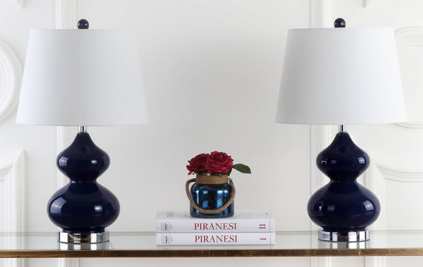 Safavieh EVA Table Lamp: Modern Glass Base with Cream Linen Shade for Stylish Ambient Lighting in Any Room Navy LIT4086B-SET2
