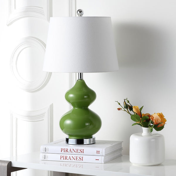 Safavieh EVA Table Lamp: Modern Glass Base with Cream Linen Shade for Stylish Ambient Lighting in Any Room Green LIT4086G-SET2
