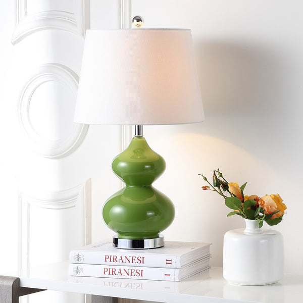 Safavieh EVA Table Lamp: Modern Glass Base with Cream Linen Shade for Stylish Ambient Lighting in Any Room Green LIT4086G-SET2