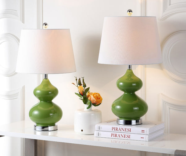 Safavieh EVA Table Lamp: Modern Glass Base with Cream Linen Shade for Stylish Ambient Lighting in Any Room Green LIT4086G-SET2