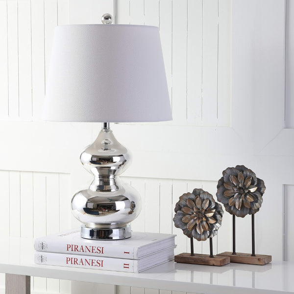 Safavieh EVA Table Lamp: Modern Glass Base with Cream Linen Shade for Stylish Ambient Lighting in Any Room Silver LIT4086M-SET2