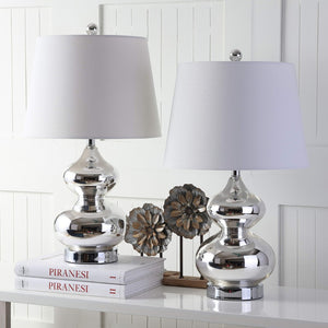 Safavieh EVA Table Lamp: Modern Glass Base with Cream Linen Shade for Stylish Ambient Lighting in Any Room Silver LIT4086M-SET2