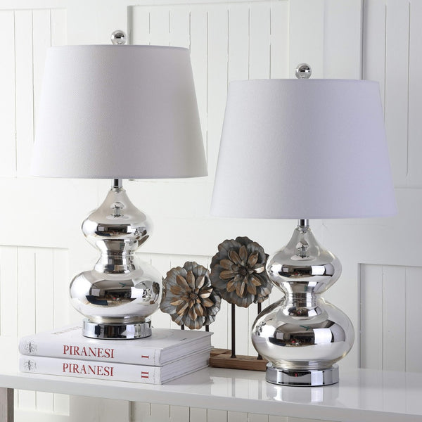 Safavieh EVA Table Lamp: Modern Glass Base with Cream Linen Shade for Stylish Ambient Lighting in Any Room Silver LIT4086M-SET2
