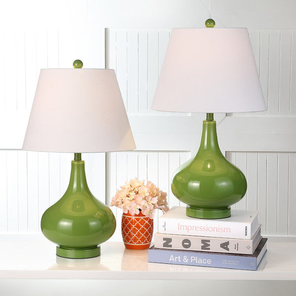 Safavieh 26" Elegant Glass and Metal Table Lamp with Linen Shade for Modern Home Décor and Ambient Lighting Green LIT4087G-SET2