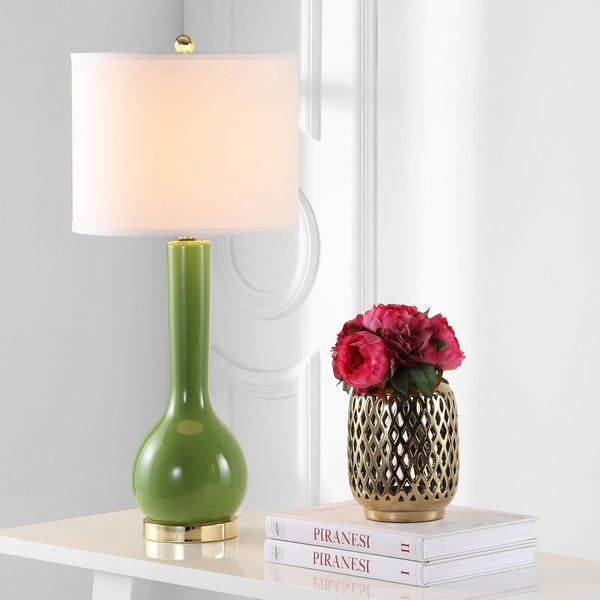 Safavieh MAE Long Neck Ceramic Lamp - Elegant Modern Accent for Warm Ambiance in Any Home or Office Space Green LIT4091G-SET2