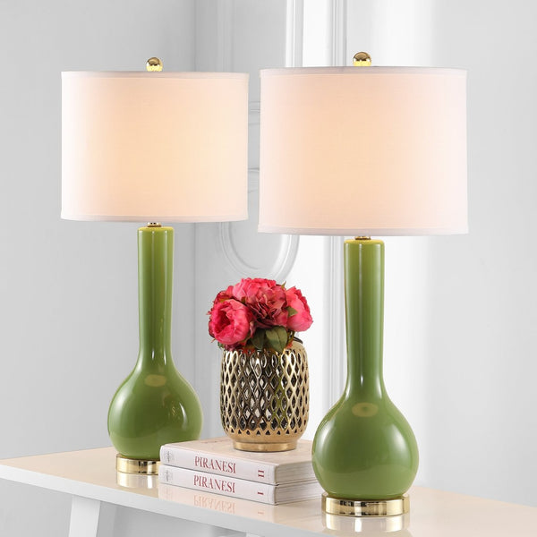 Safavieh MAE Long Neck Ceramic Lamp - Elegant Modern Accent for Warm Ambiance in Any Home or Office Space Green LIT4091G-SET2
