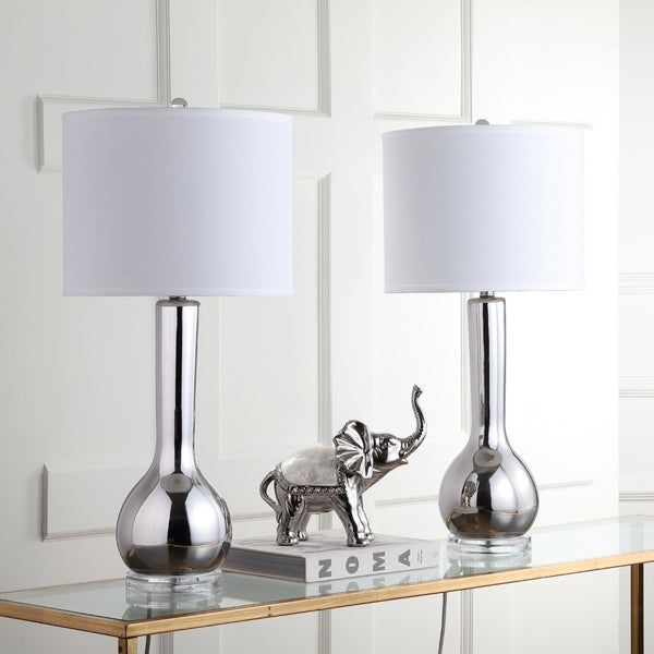 Safavieh MAE Long Neck Ceramic Lamp - Elegant Modern Accent for Warm Ambiance in Any Home or Office Space Silver LIT4091M-SET2