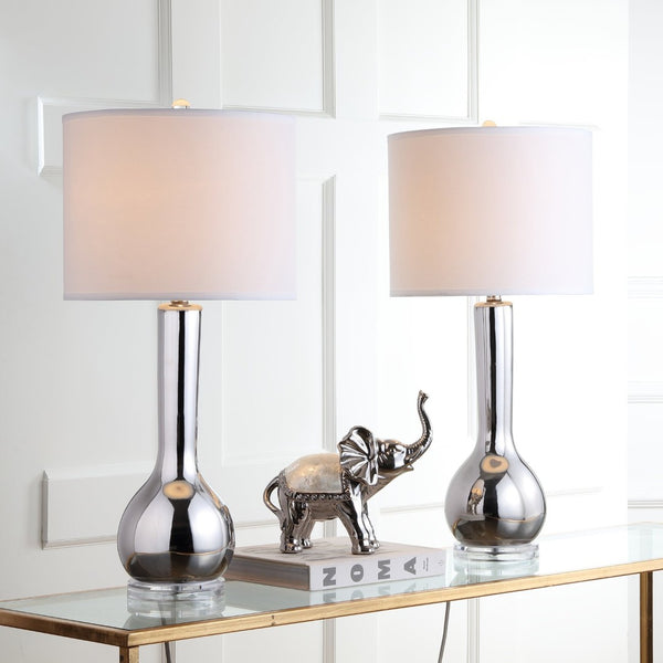 Safavieh MAE Long Neck Ceramic Lamp - Elegant Modern Accent for Warm Ambiance in Any Home or Office Space Silver LIT4091M-SET2