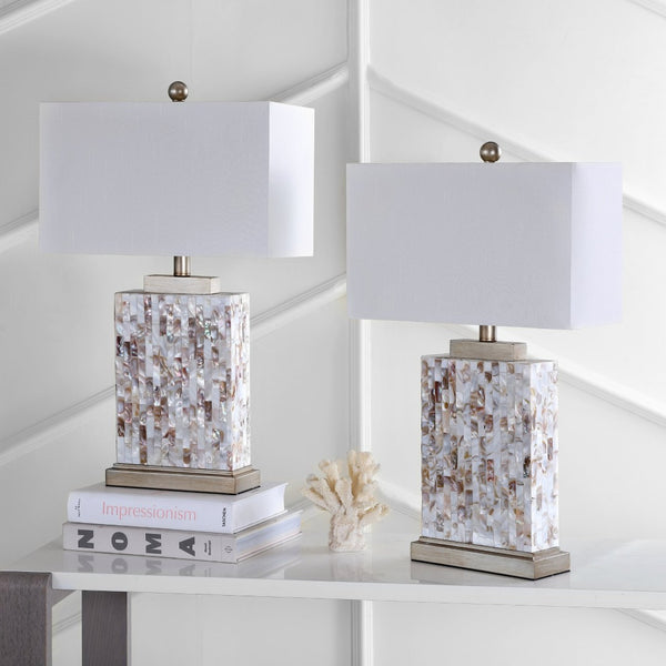Safavieh TORY Shell Lamp - Elegant 24.5" Coastal Accent with Cream Geneva Shade for Warm Ambiance & Style LIT4107A-SET2