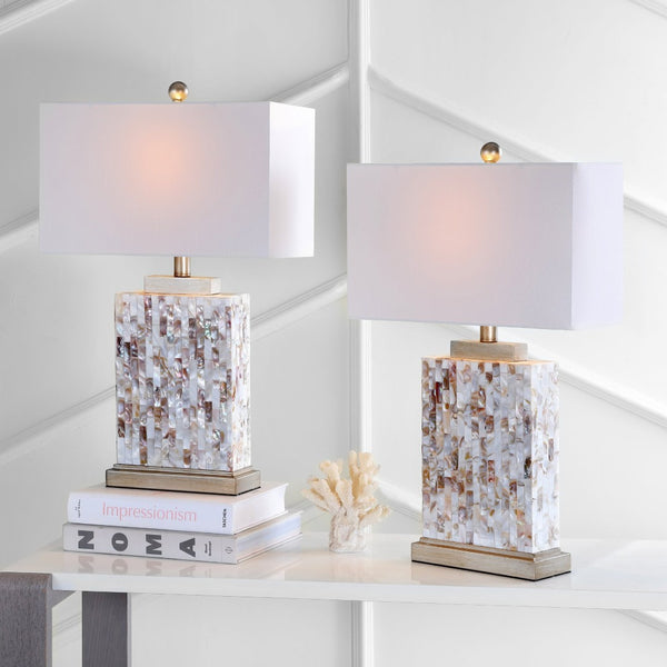 Safavieh TORY Shell Lamp - Elegant 24.5" Coastal Accent with Cream Geneva Shade for Warm Ambiance & Style LIT4107A-SET2