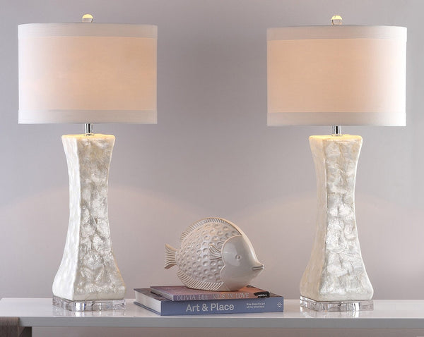 Safavieh SHELLEY, Coastal-Inspired Table Lamp Set of 2 with USB Port, 30.5 Inch Cream Shell Design, Elegant Decor LIT4146A-SET2-U