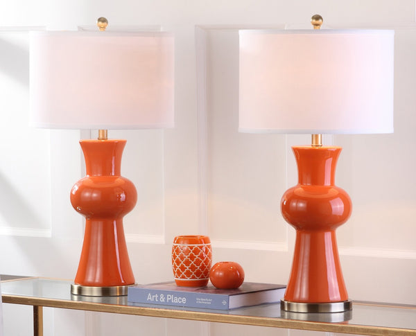 Safavieh LOLA Column Table Lamp - Glossy Ceramic Design for Elegant Home Accents and Ambient Lighting Orange LIT4150D-SET2