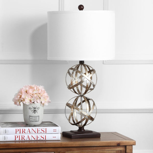 Safavieh HALEY, Elegant 28-Inch Antique Silver Iron Double Sphere Table Lamp Set of 2 for Modern Décor LIT4321A-SET2