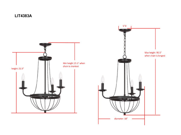 Safavieh JACQUES Chandelier in Black - Elegant Adjustable Fixture for Modern & Classic Interiors, 18" Wide LIT4383A