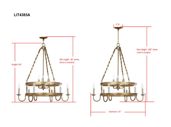Safavieh CROWLEY Chandelier in Elegant Brass Finish - Adjustable Height, Timeless Design for Any Space LIT4385A