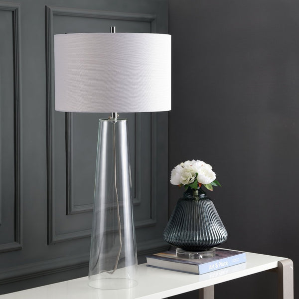 Safavieh MYRTLE Table Lamp - Clear Glass Base & Off-White Shade for Modern Living Room & Bedroom Ambiance LIT4396A-SET2