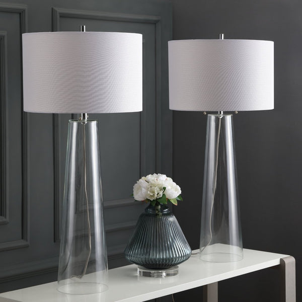 Safavieh MYRTLE Table Lamp - Clear Glass Base & Off-White Shade for Modern Living Room & Bedroom Ambiance LIT4396A-SET2
