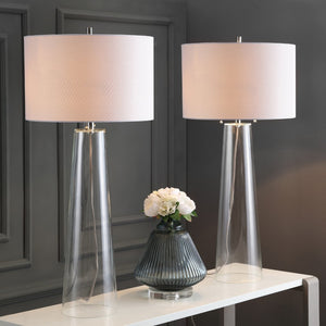 Safavieh MYRTLE Table Lamp - Clear Glass Base & Off-White Shade for Modern Living Room & Bedroom Ambiance LIT4396A-SET2