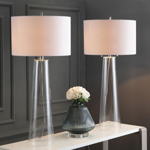 Safavieh MYRTLE Table Lamp - Clear Glass Base & Off-White Shade for Modern Living Room & Bedroom Ambiance LIT4396A-SET2