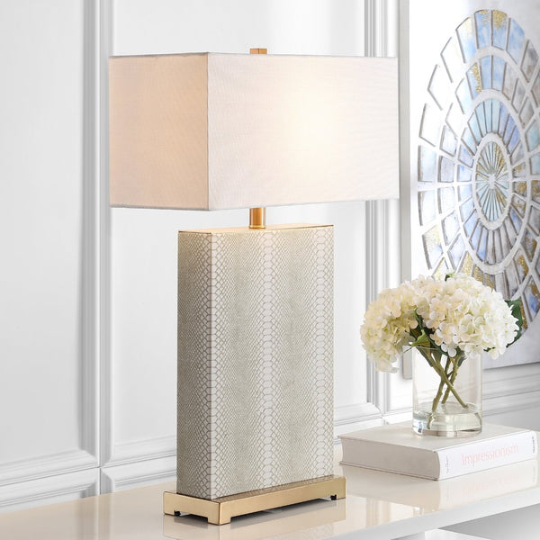 Safavieh JOYCE Table Lamp – Elegant Modern Design with Soft Ambient Light for Stylish Home Decor Enhancement Cream Faux Snakeskin LIT4402G-SET2
