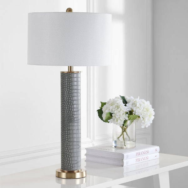 Safavieh OLLIE Table Lamp – Stylish Textured Lighting for Home, Office or Bedroom – Durable and Elegant Design Grey Faux Alligator LIT4404A-SET2