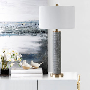 Safavieh OLLIE Table Lamp – Stylish Textured Lighting for Home, Office or Bedroom – Durable and Elegant Design Grey Faux Alligator LIT4404A-SET2
