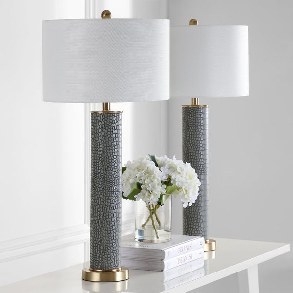 Safavieh OLLIE Table Lamp – Stylish Textured Lighting for Home, Office or Bedroom – Durable and Elegant Design Grey Faux Alligator LIT4404A-SET2