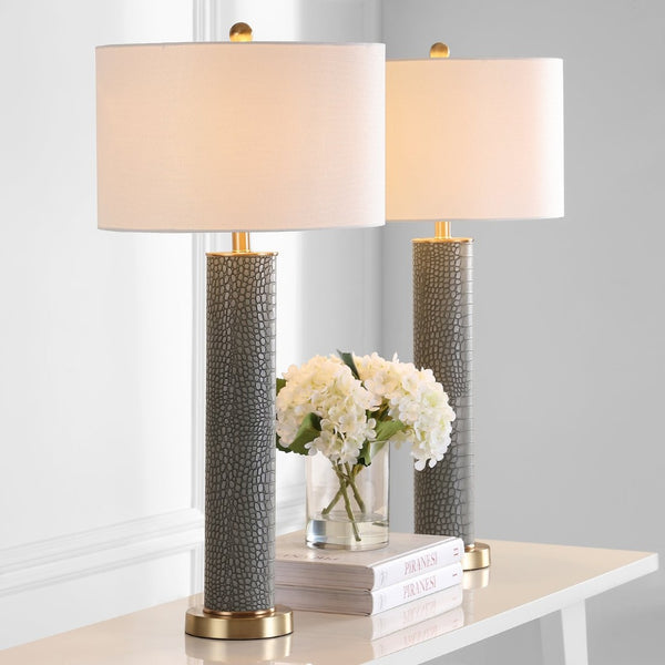 Safavieh OLLIE Table Lamp – Stylish Textured Lighting for Home, Office or Bedroom – Durable and Elegant Design Grey Faux Alligator LIT4404A-SET2