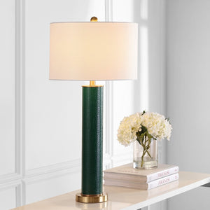 Safavieh OLLIE Table Lamp – Stylish Textured Lighting for Home, Office or Bedroom – Durable and Elegant Design Dark Green Faux Alligator LIT4404B-SET2