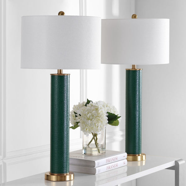 Safavieh OLLIE Table Lamp – Stylish Textured Lighting for Home, Office or Bedroom – Durable and Elegant Design Dark Green Faux Alligator LIT4404B-SET2