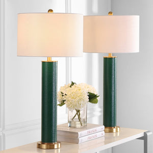 Safavieh OLLIE Table Lamp – Stylish Textured Lighting for Home, Office or Bedroom – Durable and Elegant Design Dark Green Faux Alligator LIT4404B-SET2