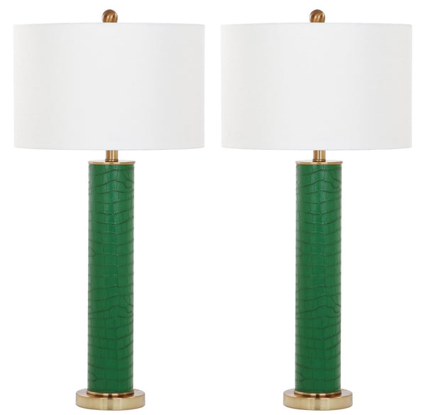 Safavieh OLLIE Table Lamp – Stylish Textured Lighting for Home, Office or Bedroom – Durable and Elegant Design Dark Green Faux Alligator LIT4404B-SET2