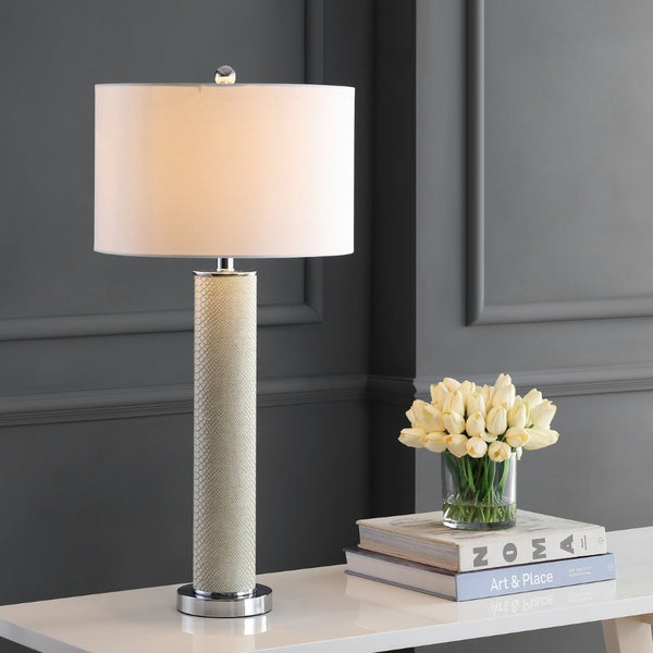 Safavieh OLLIE Table Lamp – Stylish Textured Lighting for Home, Office or Bedroom – Durable and Elegant Design Cream Faux Snakeskin LIT4404G-SET2