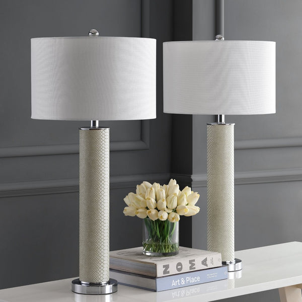 Safavieh OLLIE Table Lamp – Stylish Textured Lighting for Home, Office or Bedroom – Durable and Elegant Design Cream Faux Snakeskin LIT4404G-SET2