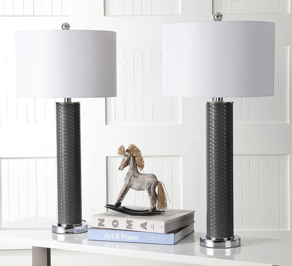 Safavieh OLLIE Table Lamp – Stylish Textured Lighting for Home, Office or Bedroom – Durable and Elegant Design Grey Woven LIT4404J-SET2