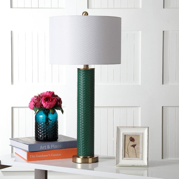 Safavieh OLLIE Table Lamp – Stylish Textured Lighting for Home, Office or Bedroom – Durable and Elegant Design Dark Green Woven LIT4404K-SET2