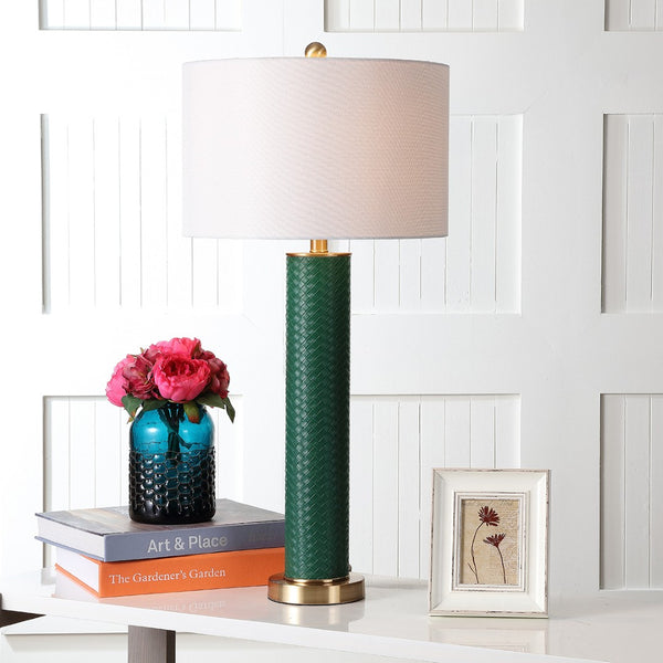 Safavieh OLLIE Table Lamp – Stylish Textured Lighting for Home, Office or Bedroom – Durable and Elegant Design Dark Green Woven LIT4404K-SET2
