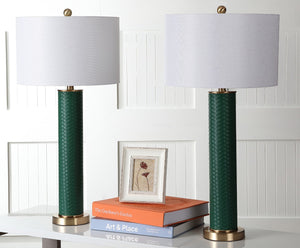 Safavieh OLLIE Table Lamp – Stylish Textured Lighting for Home, Office or Bedroom – Durable and Elegant Design Dark Green Woven LIT4404K-SET2