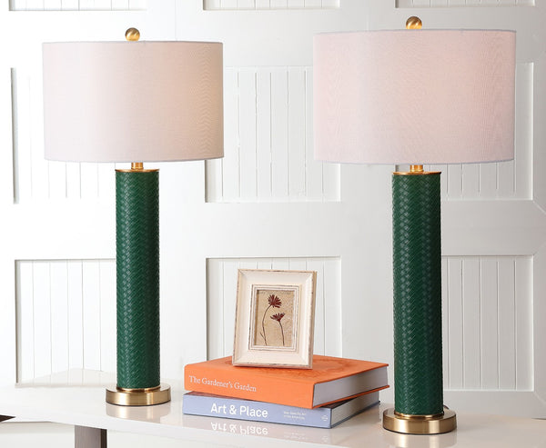 Safavieh OLLIE Table Lamp – Stylish Textured Lighting for Home, Office or Bedroom – Durable and Elegant Design Dark Green Woven LIT4404K-SET2