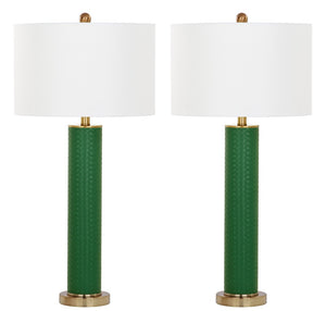 Safavieh OLLIE Table Lamp – Stylish Textured Lighting for Home, Office or Bedroom – Durable and Elegant Design Dark Green Woven LIT4404K-SET2